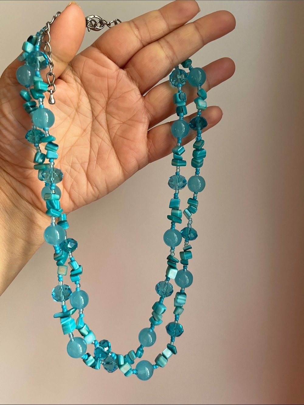 Turquoise Tone Beaded Double-Strand Necklace - Fashion Jewelry